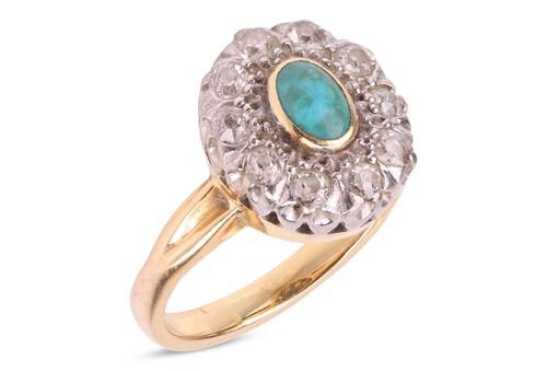 Lot 32 - A turquoise and diamond cluster ring, centred...