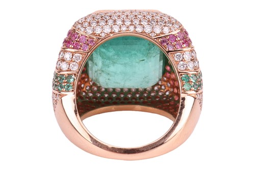 Lot 202 - An emerald, pink sapphire and diamond cocktail...