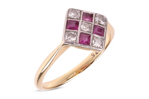 Lot 8 - A ruby and diamond panel ring, the square ring...