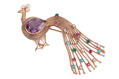 Lot 177 - A gem-set peacock brooch, the body set with a...