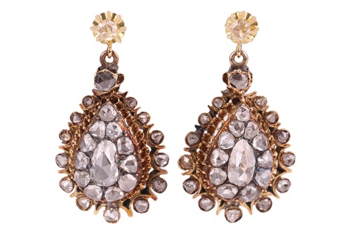 Lot 5 - A pair of rose-cut diamond cluster drop...