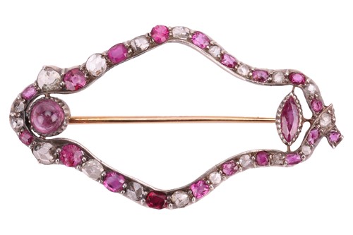 Lot 205 - A ruby and diamond-set openwork navette brooch,...