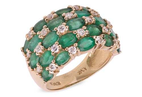 Lot 164 - An emerald and diamond-set multi-row ring,...