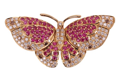 Lot 112 - A diamond and ruby-set butterfly brooch cum...