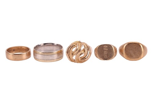 Lot 54 - Five rings; comprising a 9ct yellow gold domed...