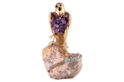 Lot 231 - A gem-set bird sculpture, the gilt falcon...