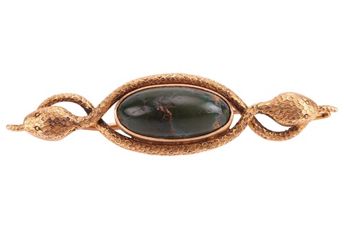 Lot 44 - A serpent bar brooch set with turquoise, the...