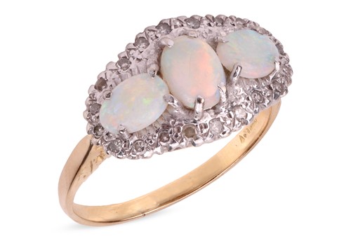 Lot 14 - An opal & diamond trilogy ring; the navette...