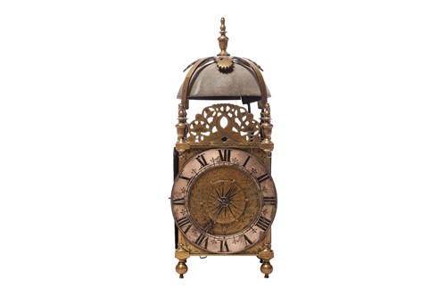 Lot 22 - A 30-hour brass lantern clock in a painted...