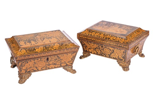 Lot 128 - A near pair of Regency penwork sewing boxes,...