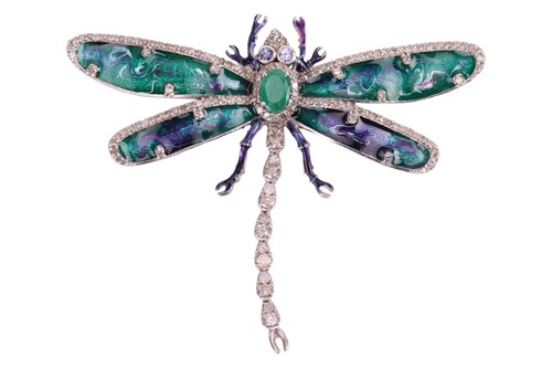 Lot 64 - A gem-set enamel dragonfly brooch, the wings...