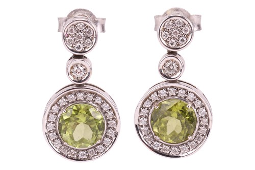 Lot 68 - A pair of peridot and diamond drop earrings,...