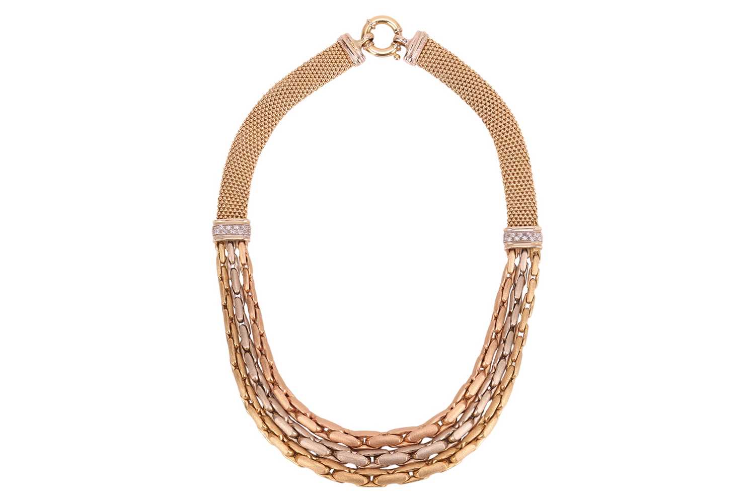 Lot 158 - A three-tone fancy chain necklace, comprising...