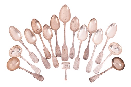 Lot 338 - A Victorian part canteen of fiddle pattern...