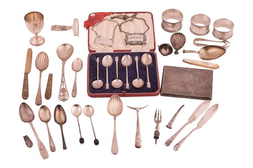 Lot 176 - A mixed lot of flatware, wine labels and a...