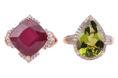 Lot 130 - Two rings; comprising a pear-shaped peridot...