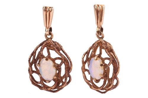 Lot 134 - A pair of opal drop earrings in 9ct yellow...