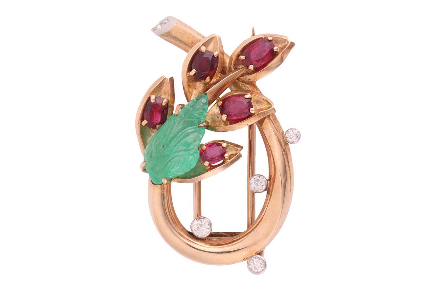 Lot 79 - Cartier - a spray clip brooch set with emerald,...