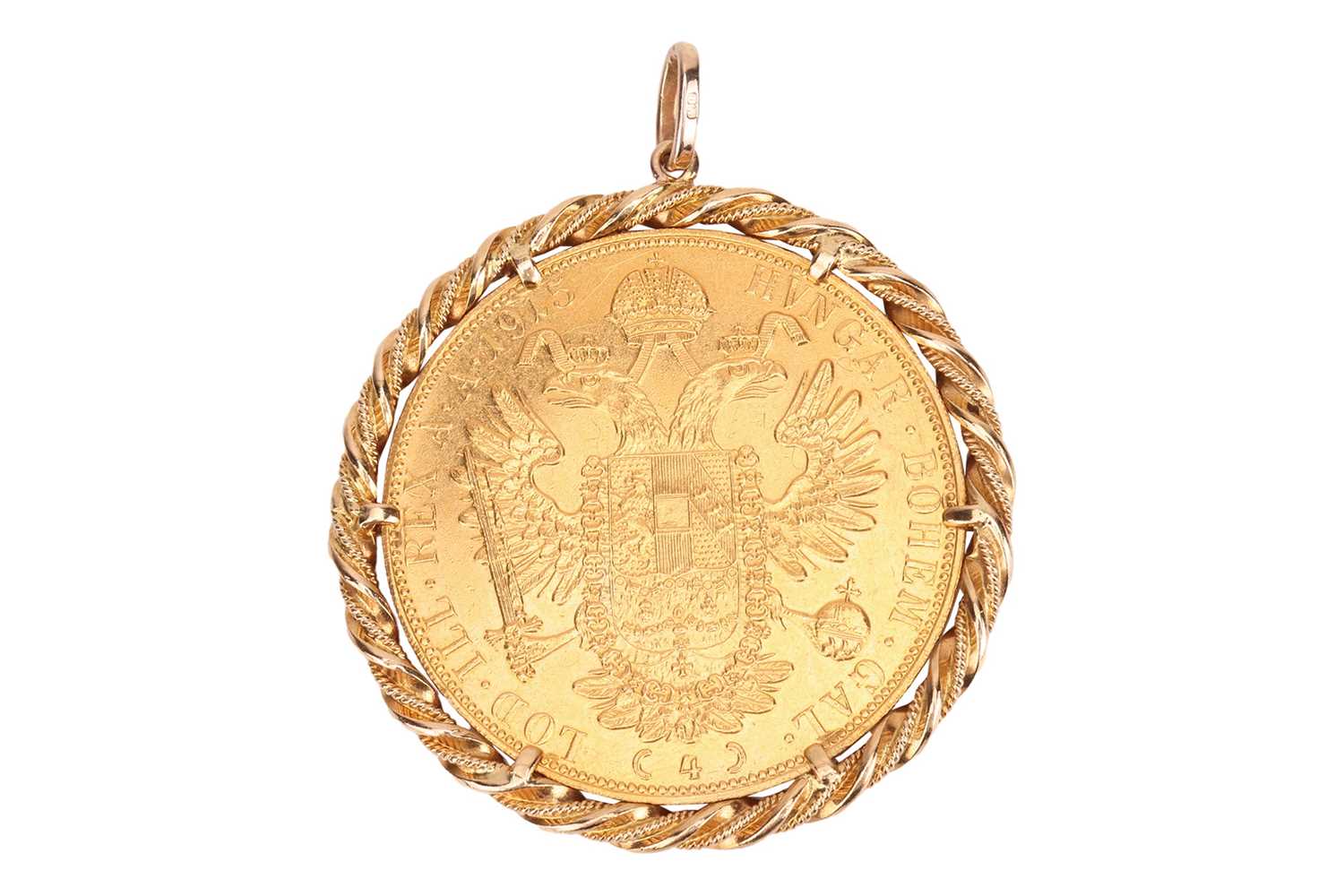 Lot 162 - A 1915 Austrian 4 Ducat coin pendant, mounted...
