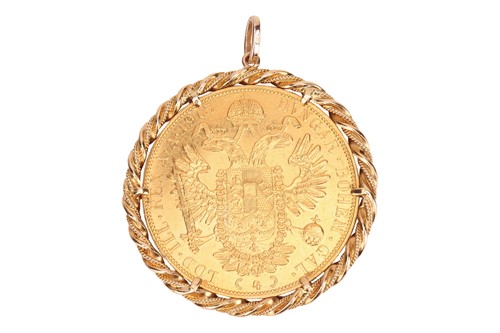 Lot 162 - A 1915 Austrian 4 Ducat coin pendant, mounted...