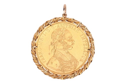 Lot 162 - A 1915 Austrian 4 Ducat coin pendant, mounted...