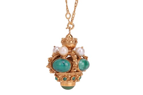 Lot 111 - A gem-set Etruscan-style pendant on chain, set...
