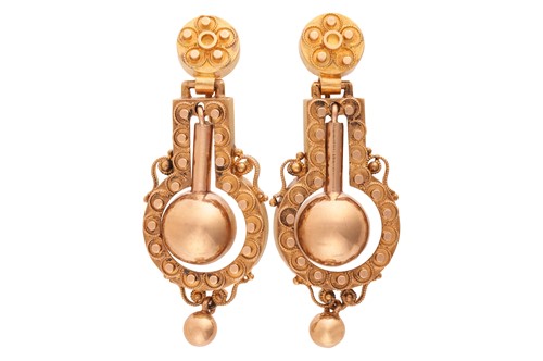 Lot 13 - A pair of Victorian Etruscan Revival drop...