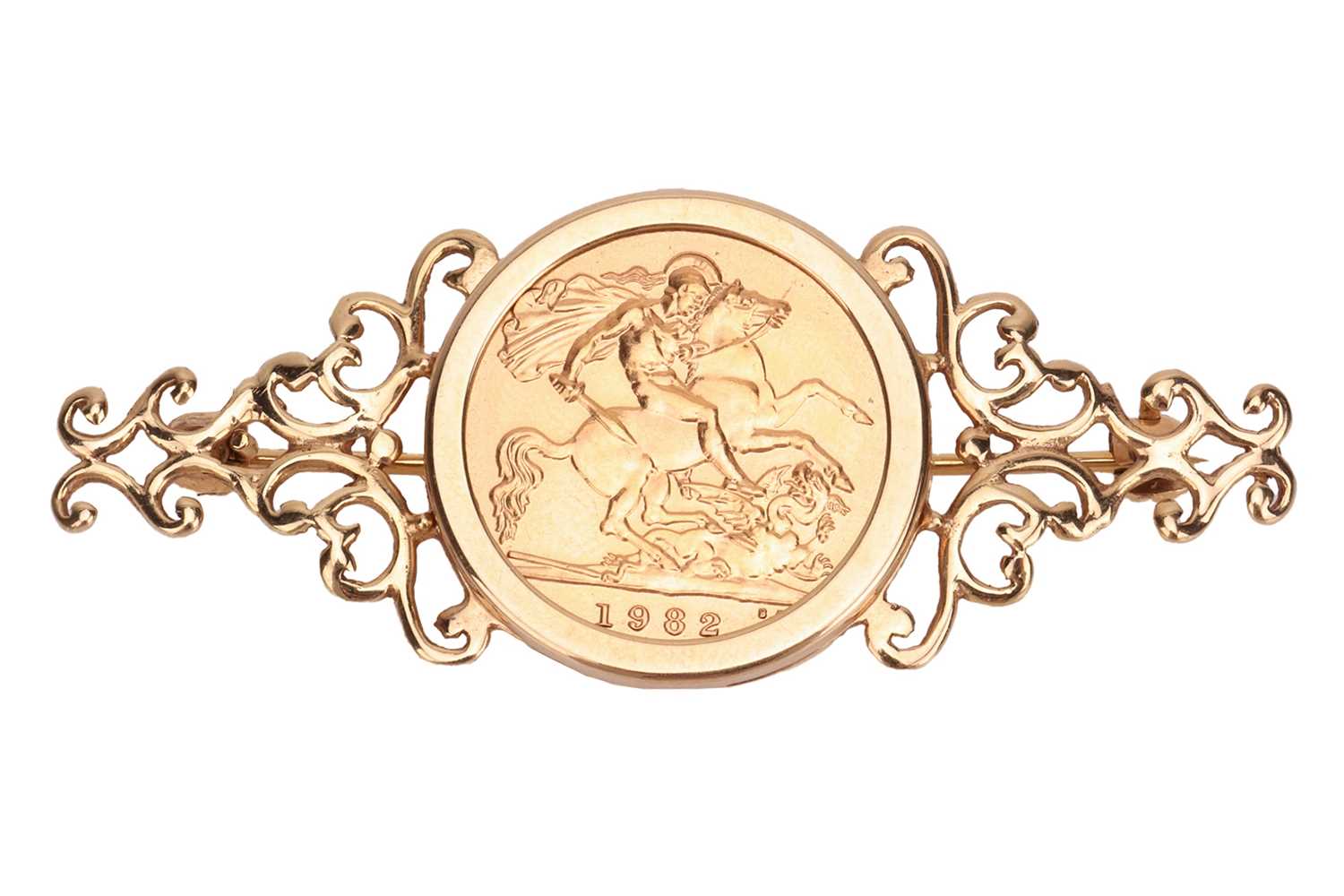 Lot 64 - A bar brooch set with a 1982 half sovereign,...