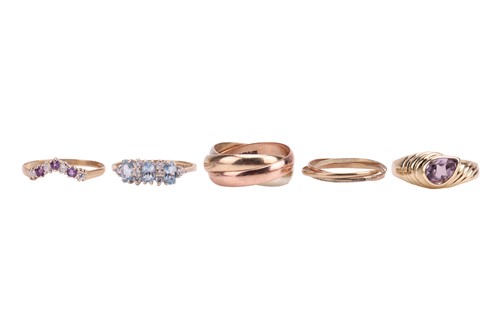 Lot 182 - Five rings; The first an amethyst and cubic...