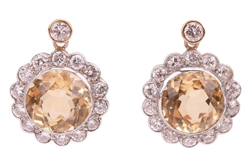 Lot 133 - A pair of citrine and diamond drop earrings,...