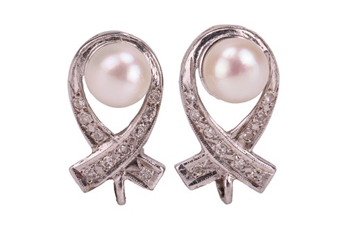 Lot 249 - A pair of cultured pearl and diamond earrings,...