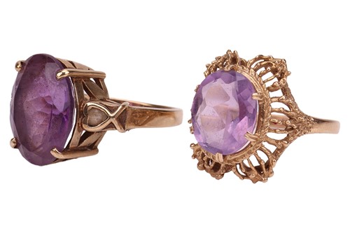 Lot 20 - Two amethyst dress rings in 9ct gold; one in a...