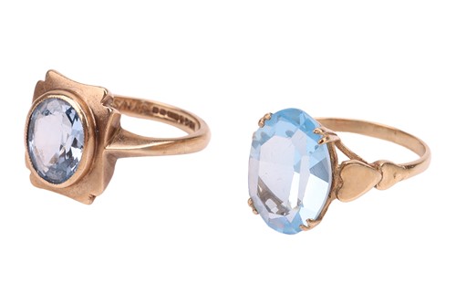 Lot 42 - Two 9ct gold synthetic spinel dress rings; the...