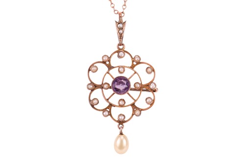 Lot 52 - An amethyst and seed pearl pendant necklace,...