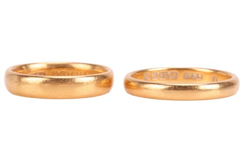 Lot 54 - Two wedding bands in 22ct yellow gold, British...