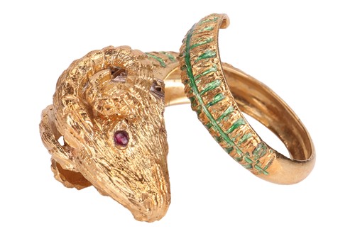 Lot 93 - A bangle and a ring of rams head motif design,...