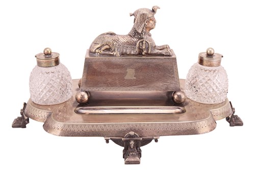 Lot 284 - A silver-plated Egyptian Revival desk standish...