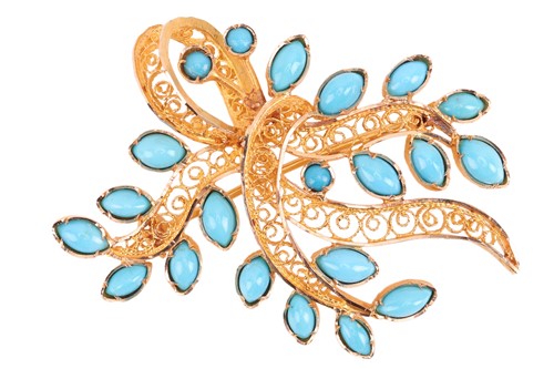 Lot 143 - A turquoise-set spray brooch, of foliate...