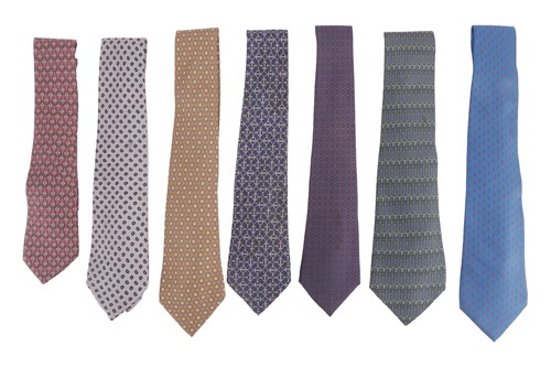 Lot 332 - A collection of five silk ties, by Hermes, and...