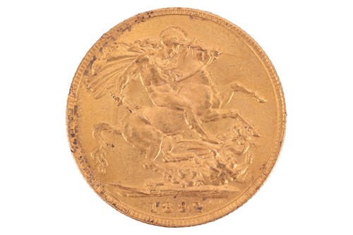 Lot 238 - An 1892 Queen Victoria full sovereign, 8.0 grams.