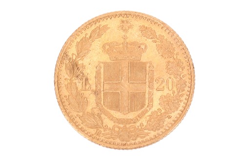 Lot 265 - An Italian 1882 twenty lire gold coin, 6.4...