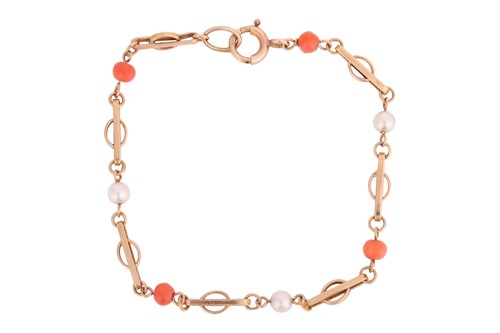 Lot 116 - A coral and pearl bracelet, the fancy links...