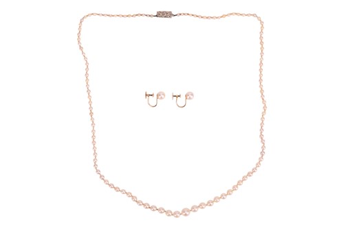 Lot 126 - A pearl necklace and earrings, the necklace...