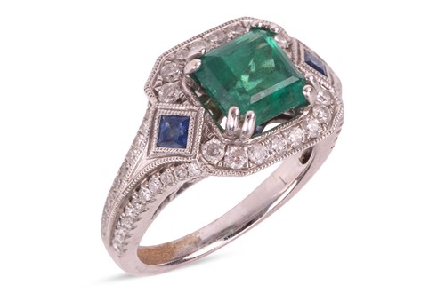 Lot 142 - A synthetic emerald, sapphire and diamond ring,...