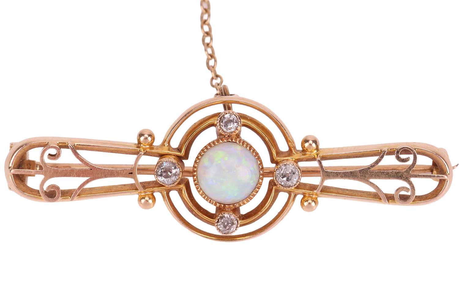 Lot 34 - An opal and diamond brooch, of openwork design,...