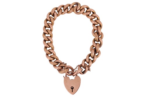 Lot 157 - A bracelet, the rose metal flat curb link...
