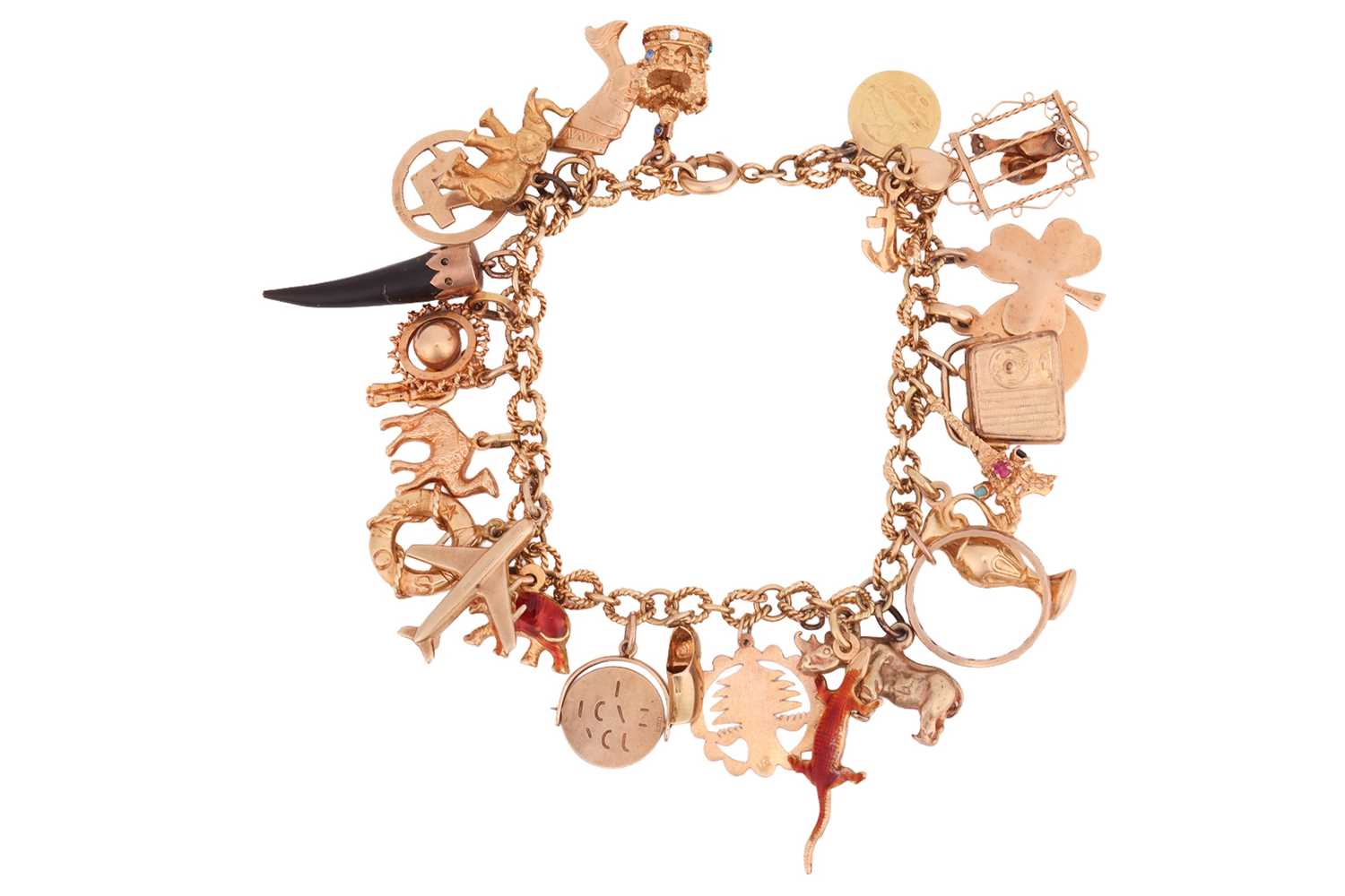 Lot 157 - A charm bracelet, composed of a fancy link...