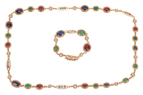 Lot 128 - A gem-set long necklace and matching bracelet,...