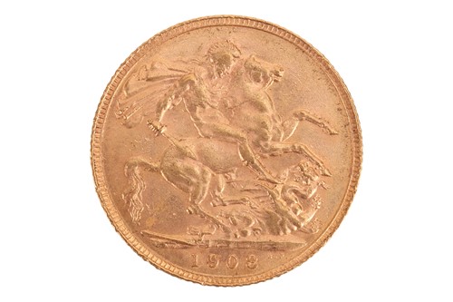 Lot 210 - A 1908 Edward VII full sovereign, 8.0 grams.