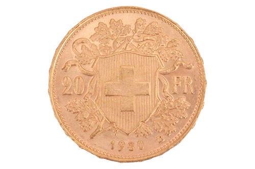 Lot 187 - A 1930 20 Franc Coin, Bern mint, 6.4 grams.